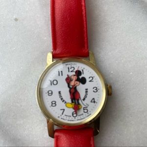 Vintage Disney Mickey Mouse Swiss Made Wrist Watch with Red Strap